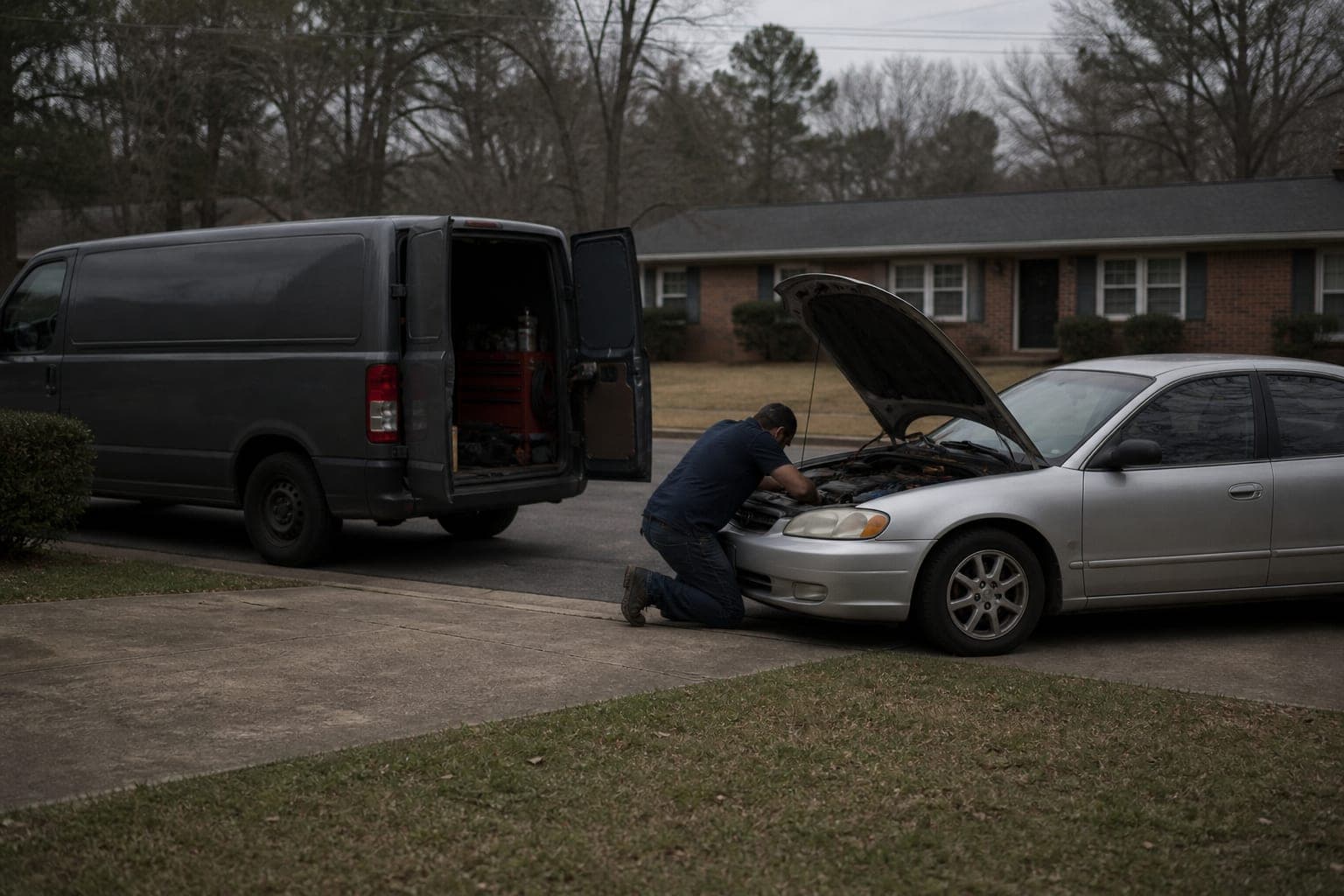 Mobile mechanic working on a sedan in a residential driveway