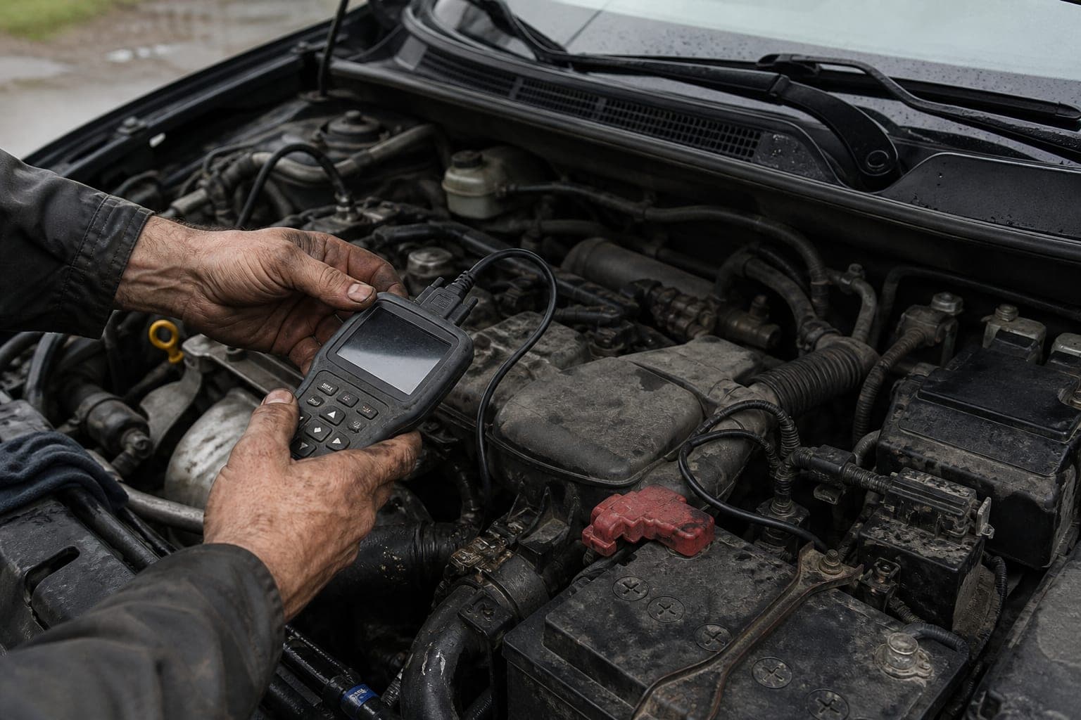 Scan tool clipped into an engine bay