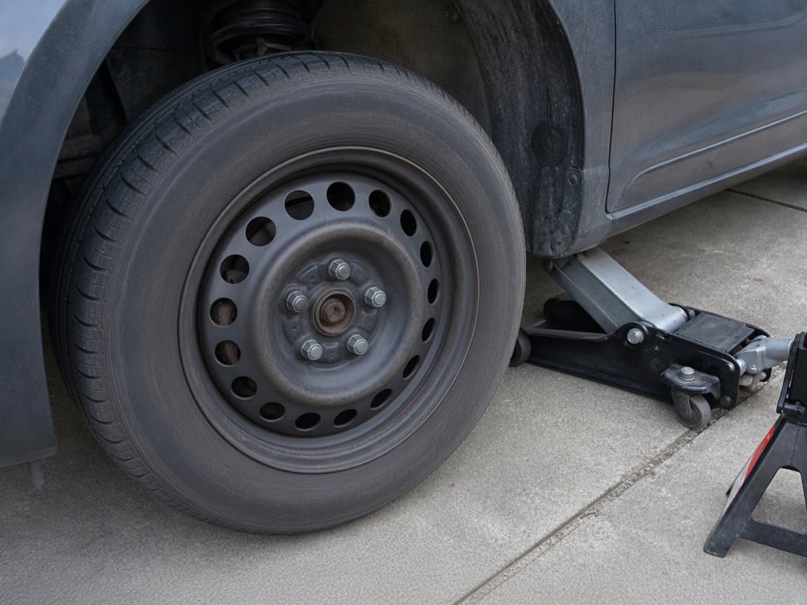 Close-up of a wheel and brake corner